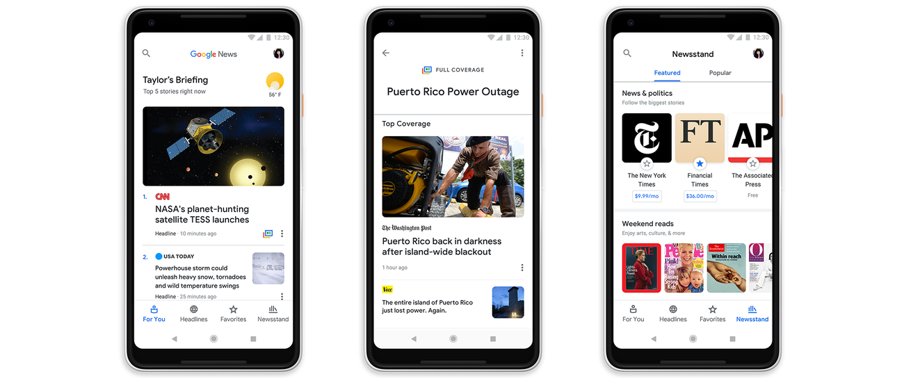 Google News redesign screens