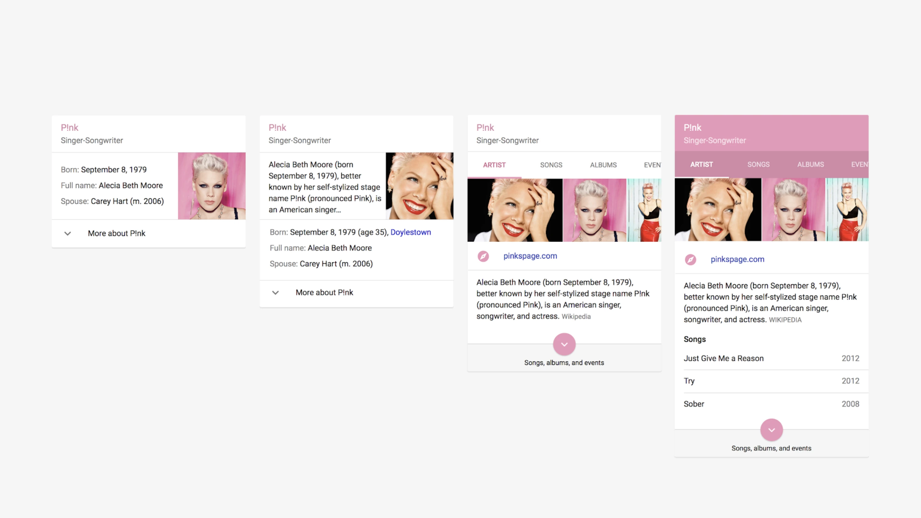 Knowledge Graph entity cards showing four progressive states of the Pink artist panel