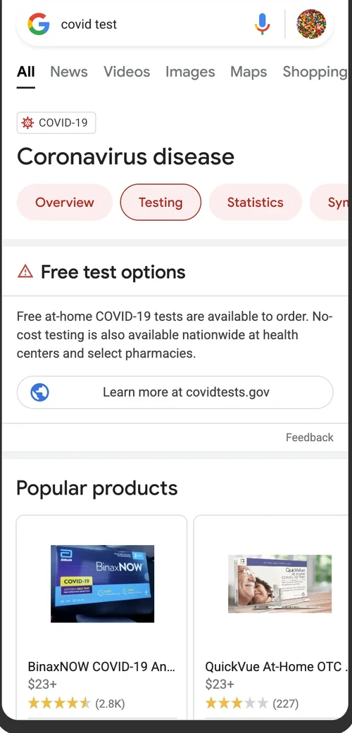 Google Search: covid test — health vertical