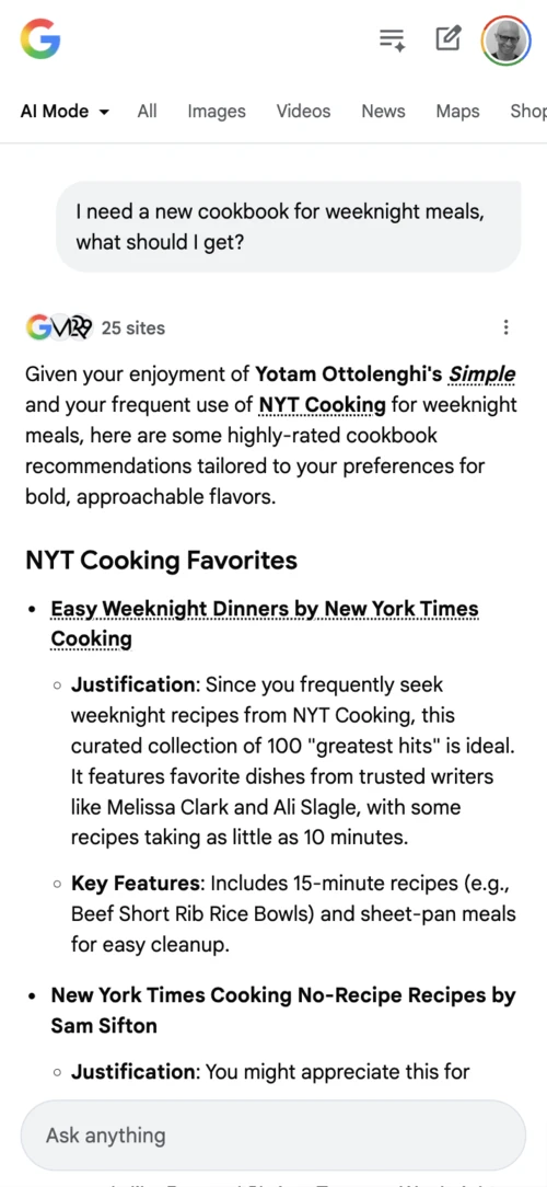 AI Mode — cookbook recommendations