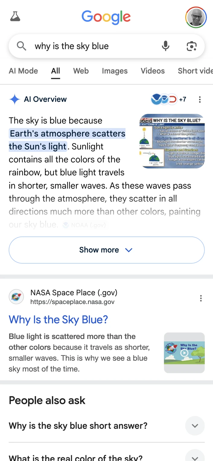 Google AI Overviews — why is the sky blue