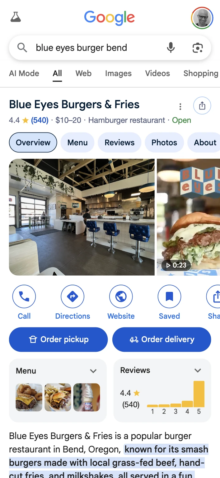 Google AI Search — Blue Eyes Burgers local result